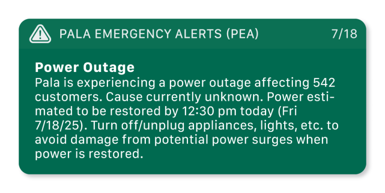 Emergency Alert Unplanned Power - Img Pala Page PBMI PEA Pala Emergency Alert Power Outage 07182025 1024x515 1 768x386