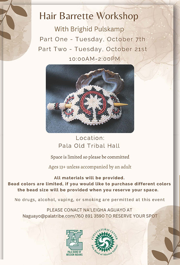 Pala Band California Cupa Cultural Center Event Hair Barrette Beading Workshop Brighid Pulskamp