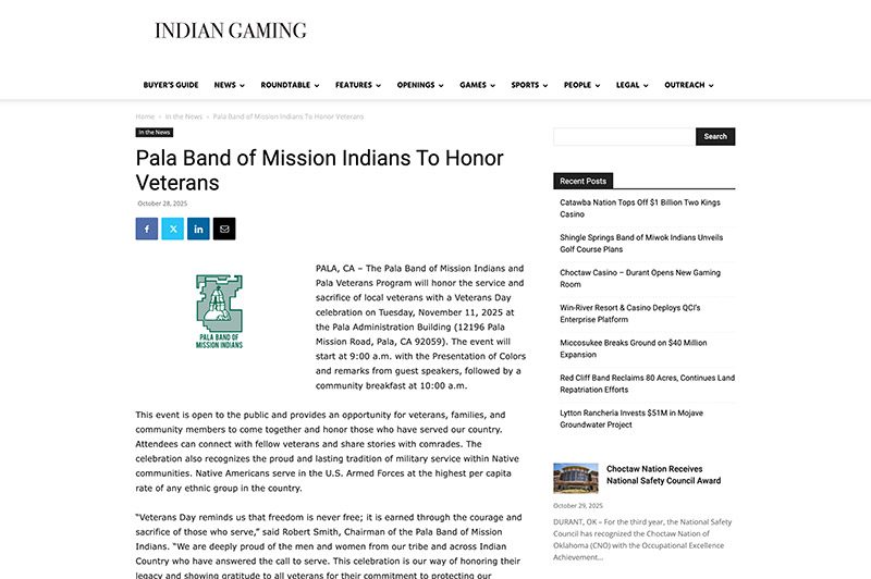 Pala Band of Mission Indians PBMI Article Indian Gaming Pala Veterans Program Day