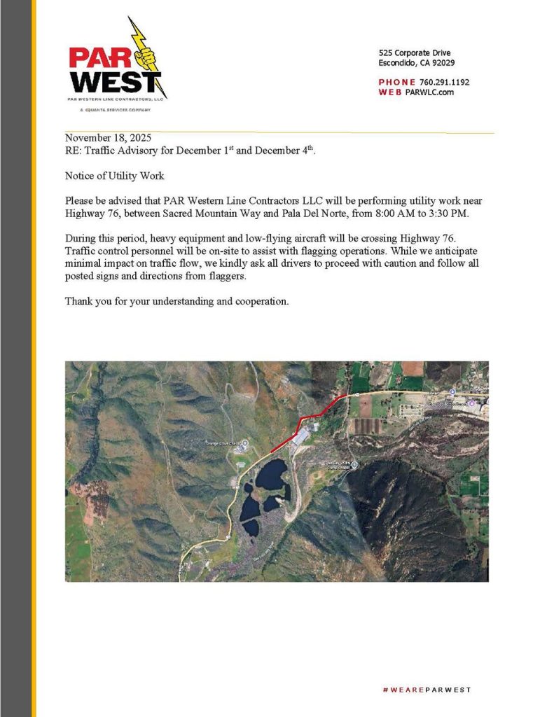 Pala Band of Mission Indians Pala Environmental Department SDG&E PAR West Utility Pole Work Notice