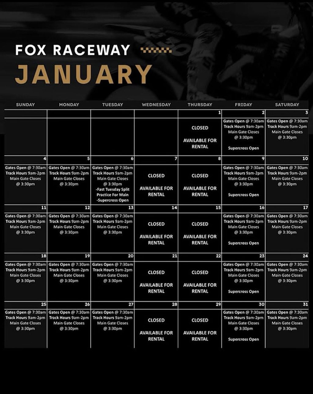 Pala Band of Mission Indians PBMI Pala Fox Raceway January 2026 Schedule